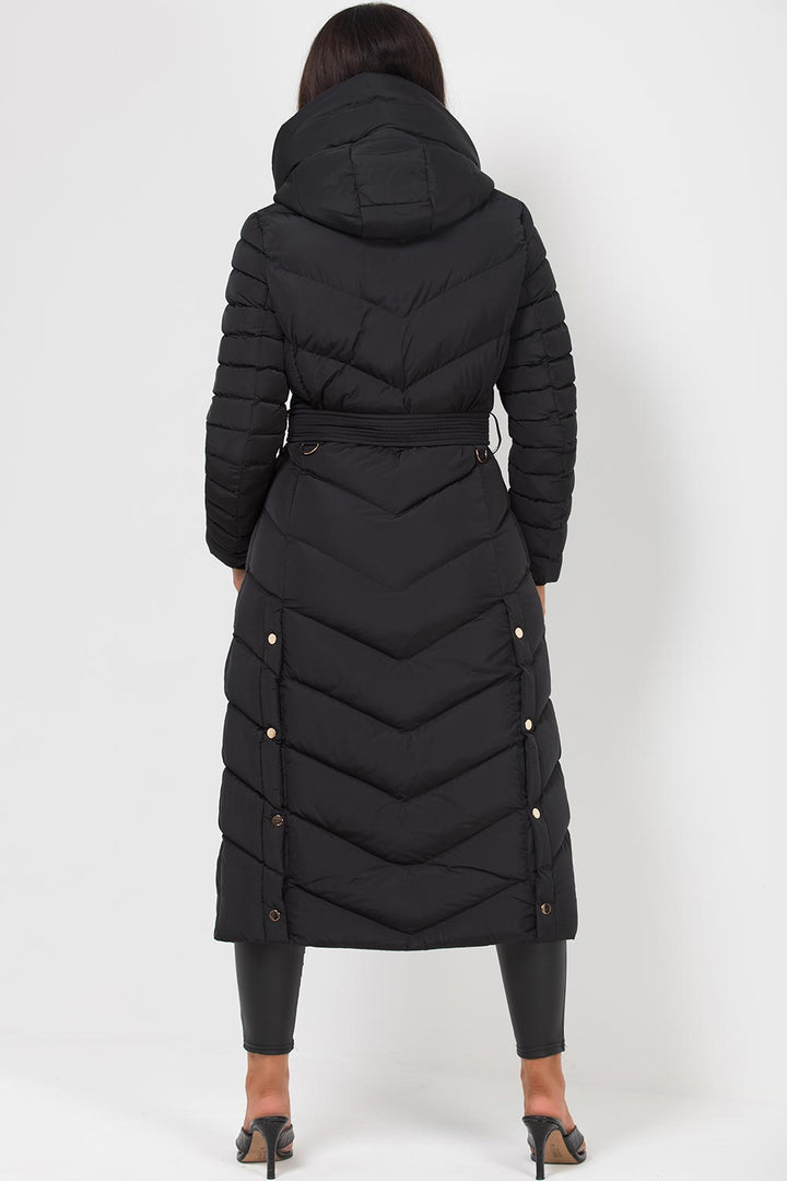 Longline Quilted Belted Puffer Coat in Black