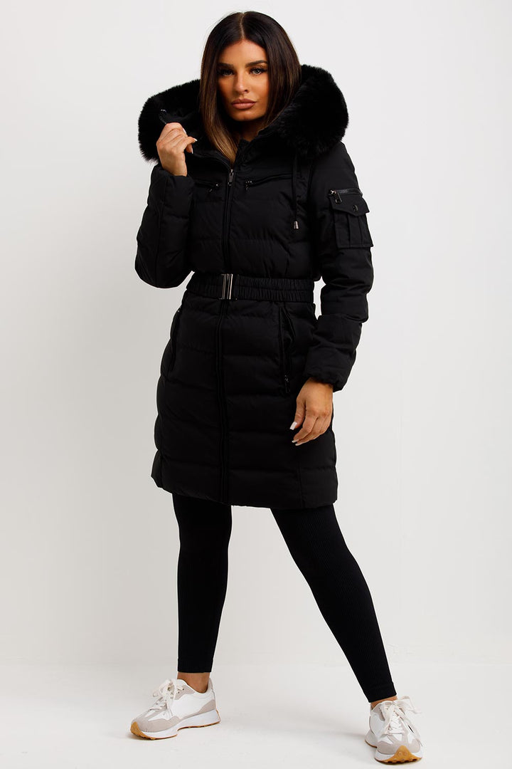 Longline Belted Puffer Coat with Faux Fur Hood