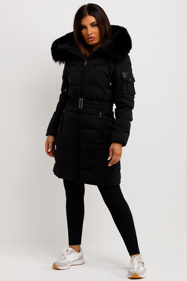 Longline Belted Puffer Coat with Faux Fur Hood