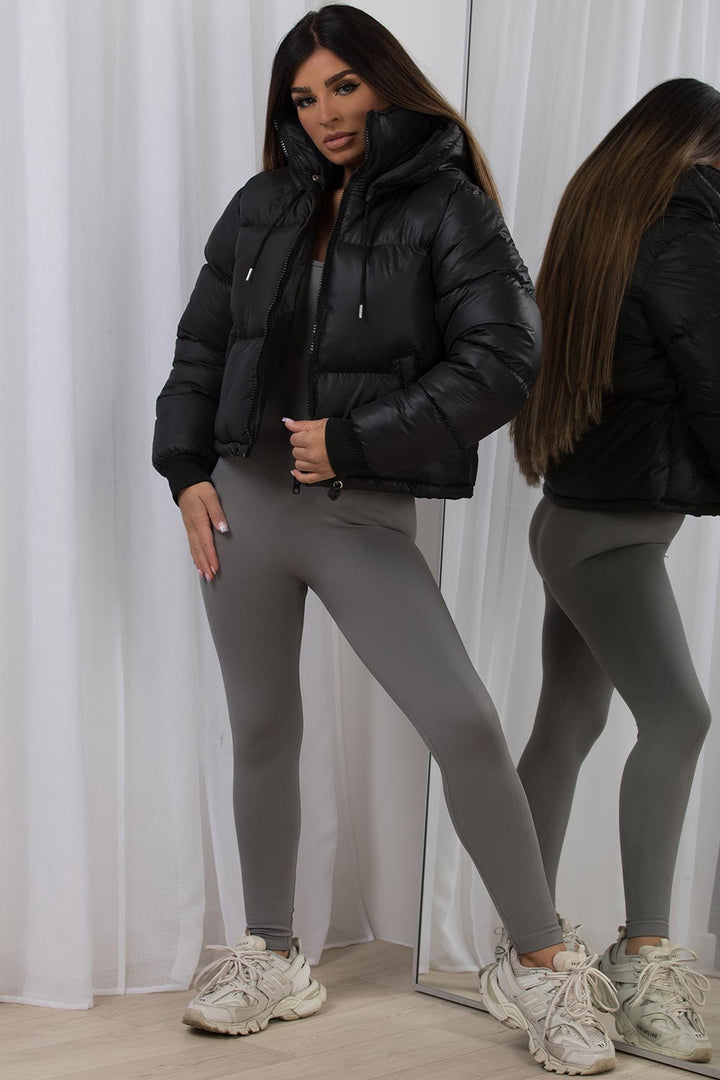 Puffer Jacket with Detachable Hood in Black