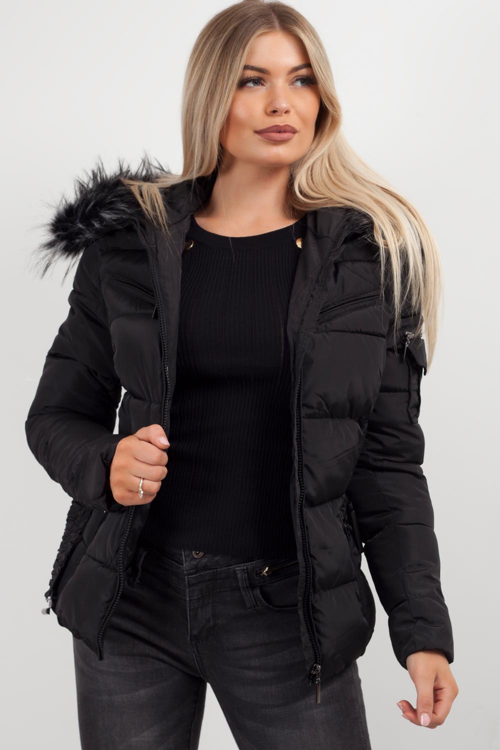 Faux Fur Hooded Belted Puffer Coat