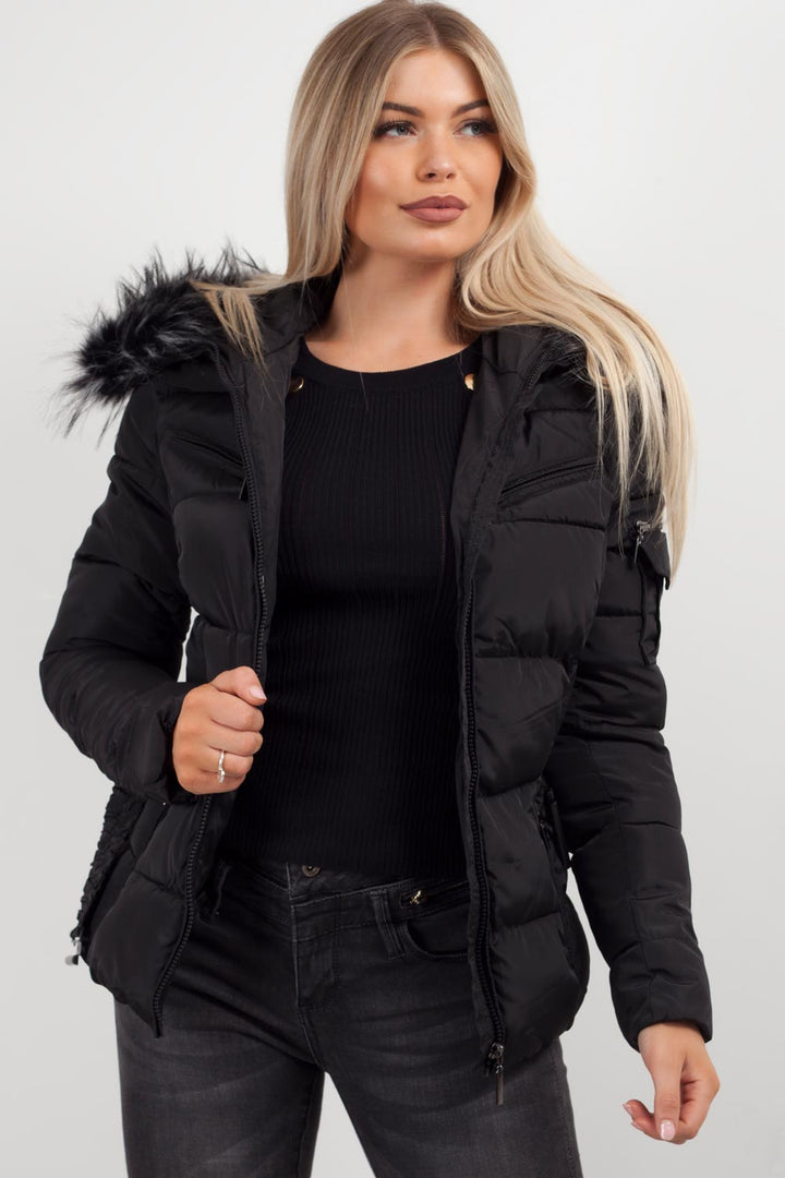 Faux Fur Hooded Belted Puffer Coat
