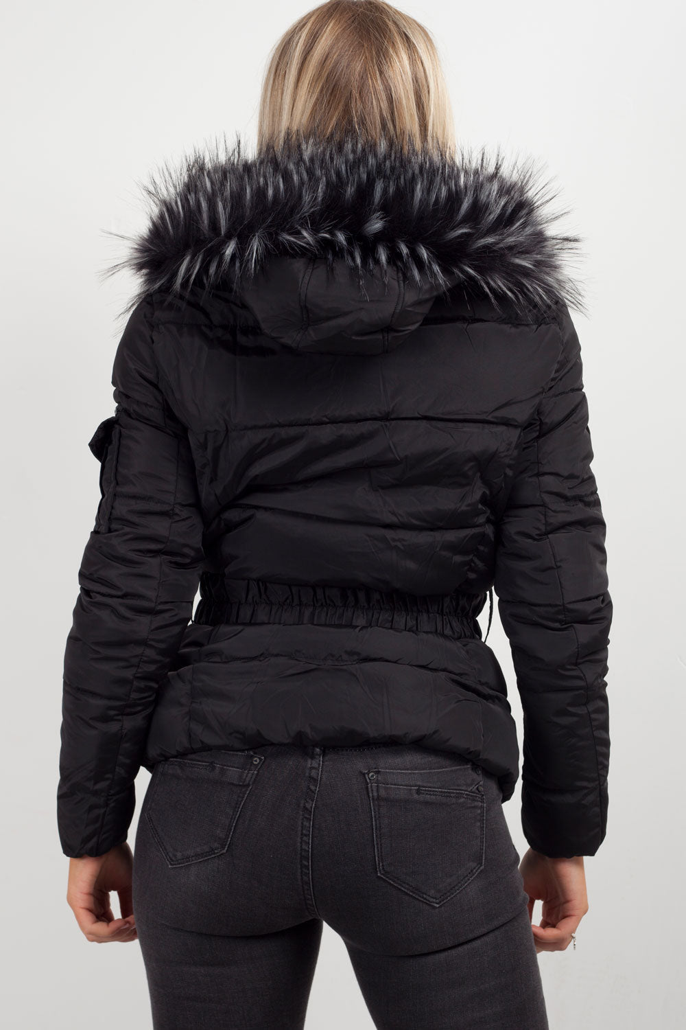 Faux Fur Hooded Belted Puffer Coat