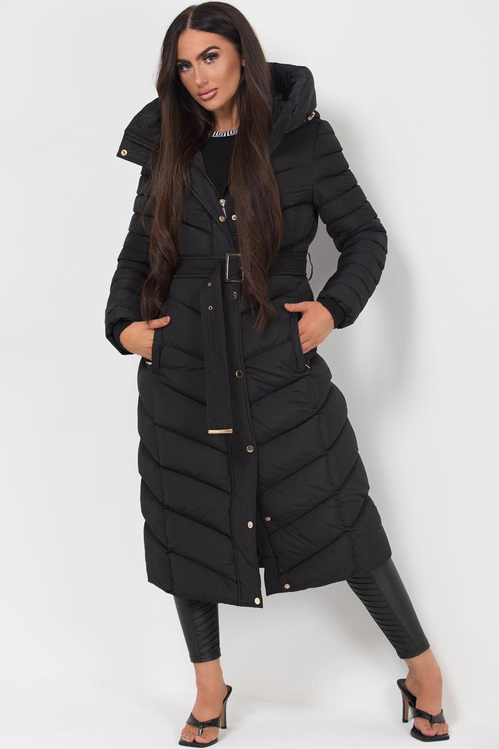 Longline Quilted Belted Puffer Coat in Black