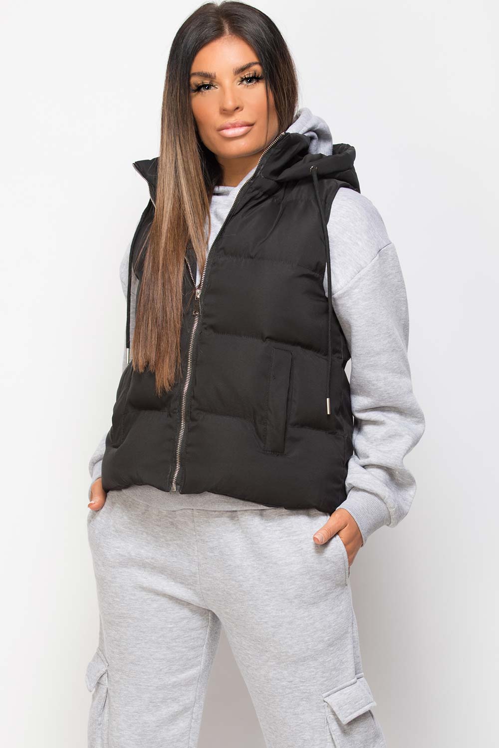 Black Padded Hooded Gilet