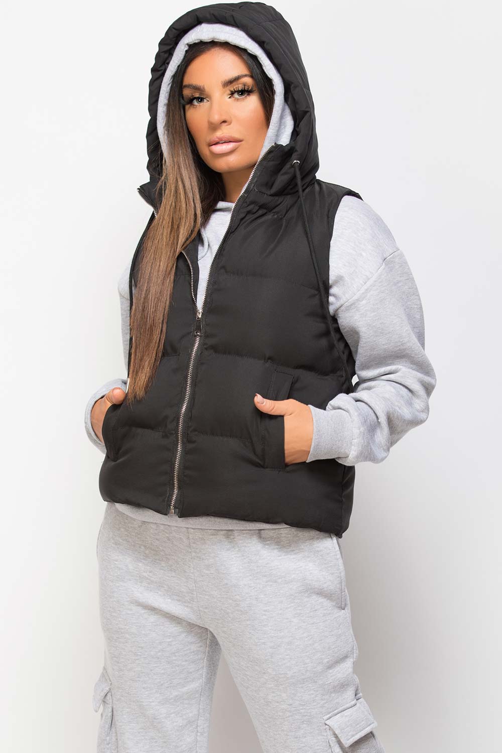 Black Padded Hooded Gilet