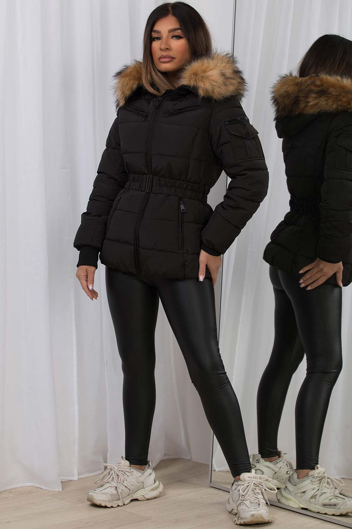 Belted Puffer Jacket with Faux Fur Hood