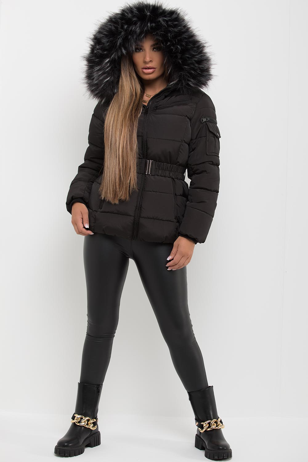 Faux Fur Hooded Belted Puffer Coat