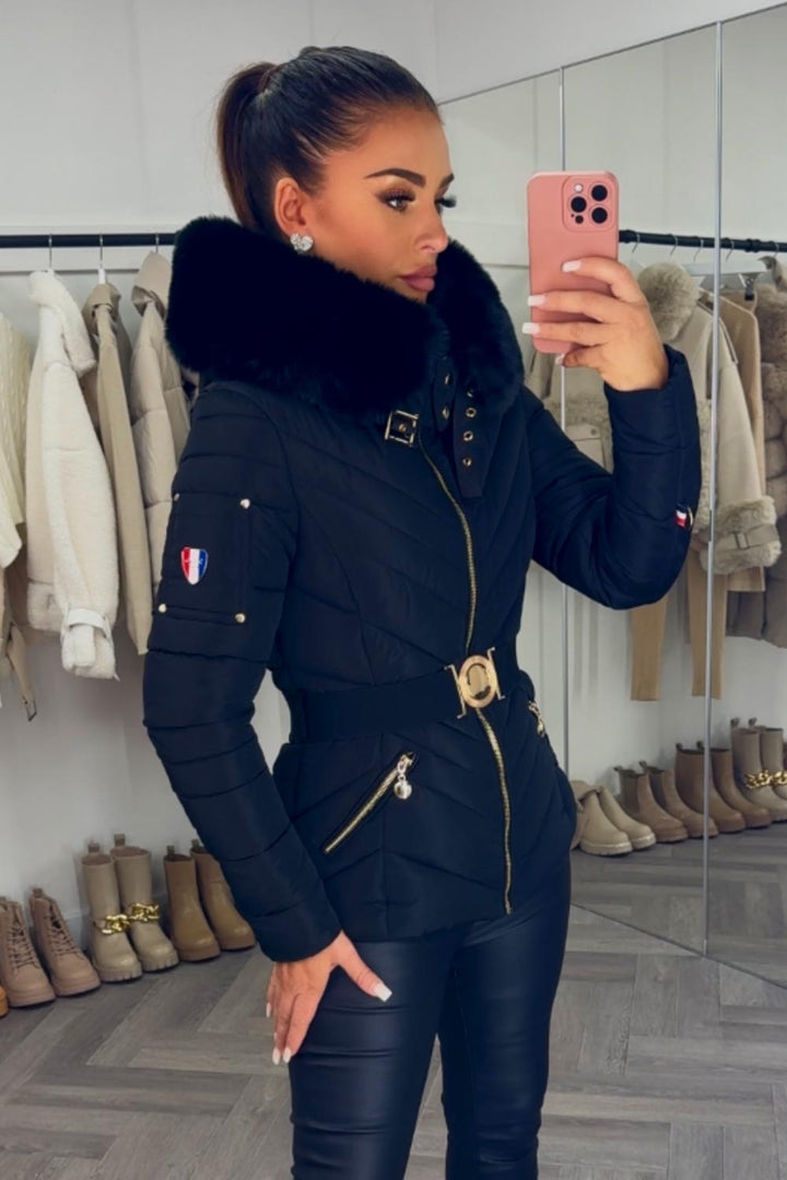 Belted Puffer Jacket with Faux Fur Hood in Black