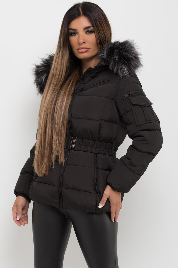 Faux Fur Hooded Belted Puffer Coat