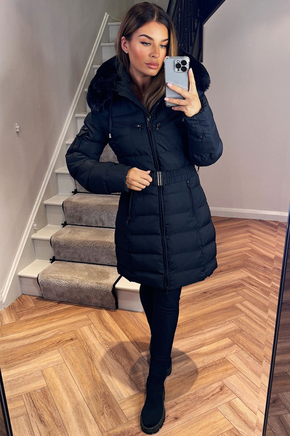 Longline Belted Puffer Coat with Faux Fur Hood