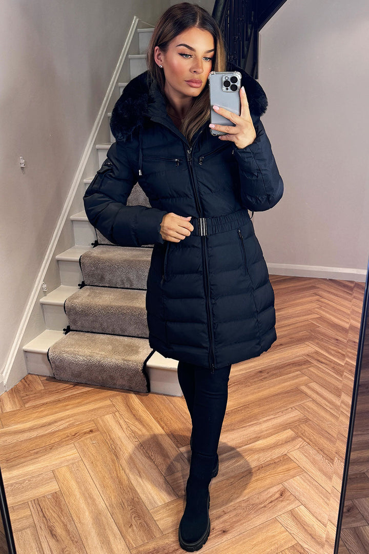 Longline Belted Puffer Coat with Faux Fur Hood
