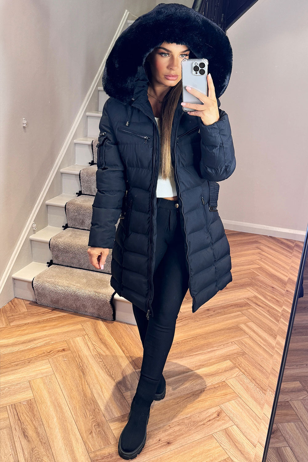 Longline Belted Puffer Coat with Faux Fur Hood