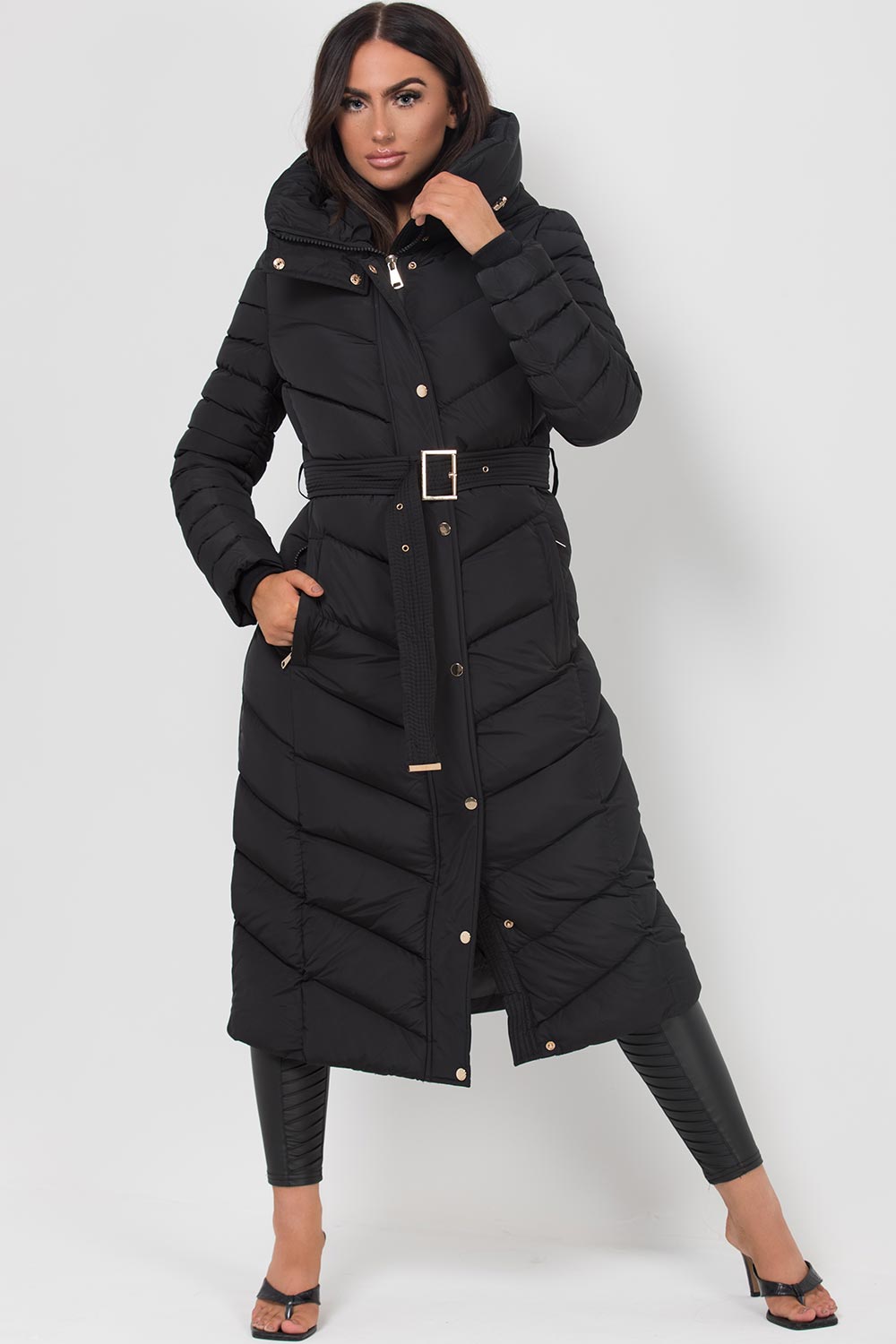 Longline Quilted Belted Puffer Coat in Black