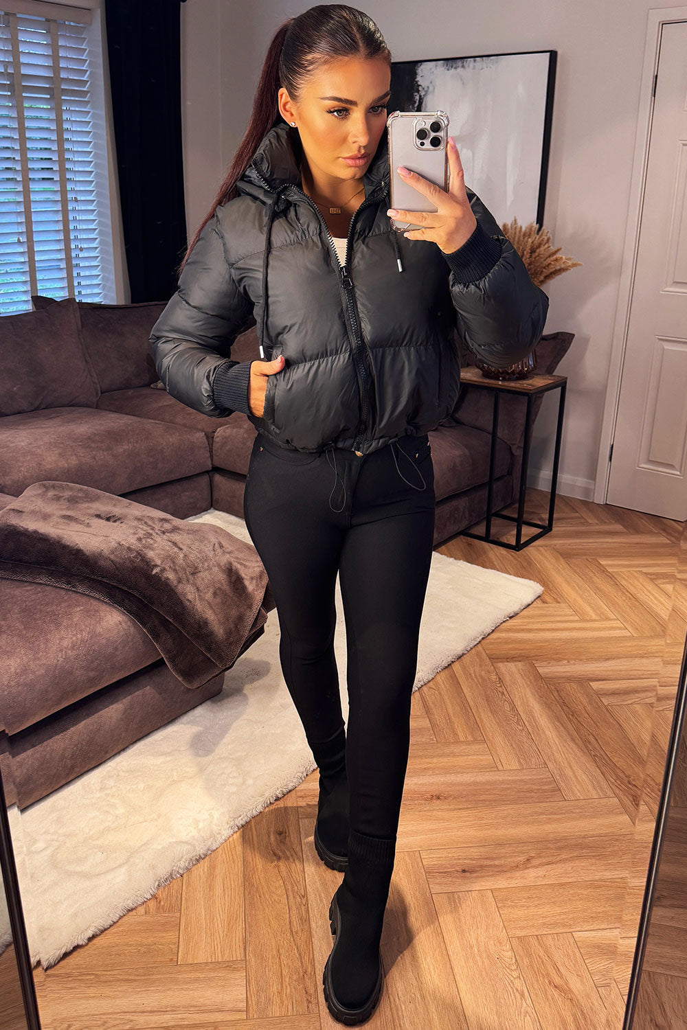 Puffer Jacket with Detachable Hood in Black