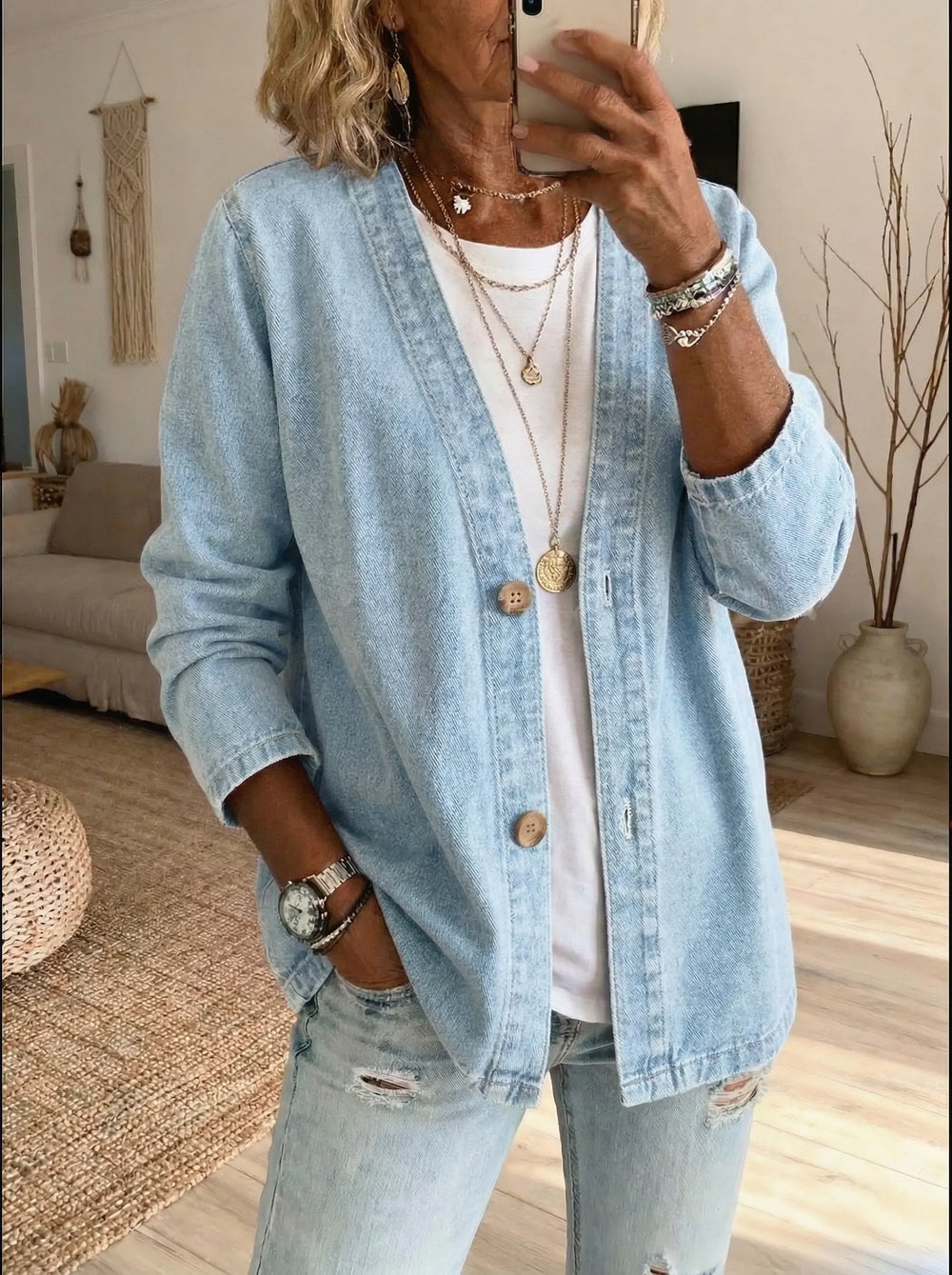 Womens Long Sleeve Zip Front Denim Cardigan