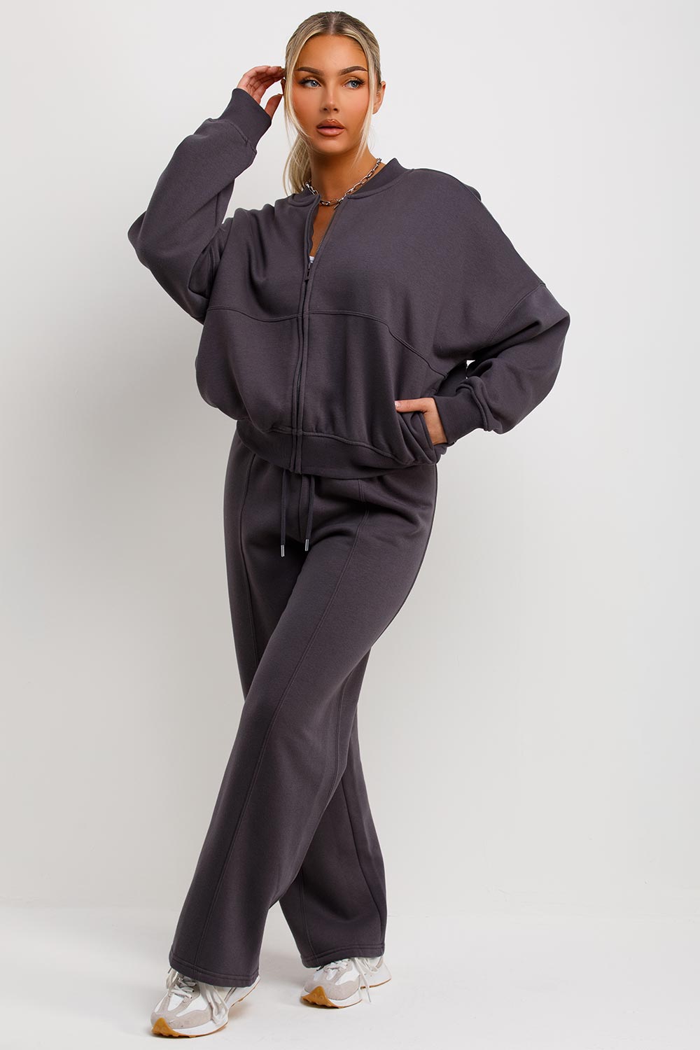 Zip Bomber Sweatshirt and Joggers Set in Charcoal