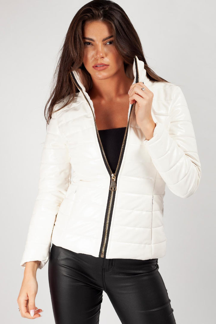 Wet Look Puffer Coat with Faux Fur Hood