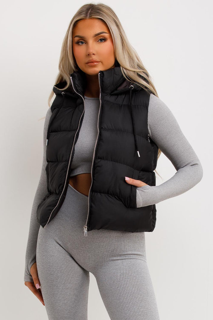 Black Padded Hooded Gilet