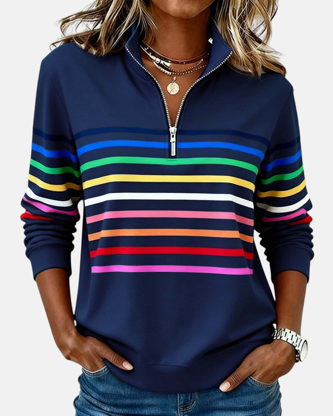 Striped Half Zip Stand Collar Sweatshirt