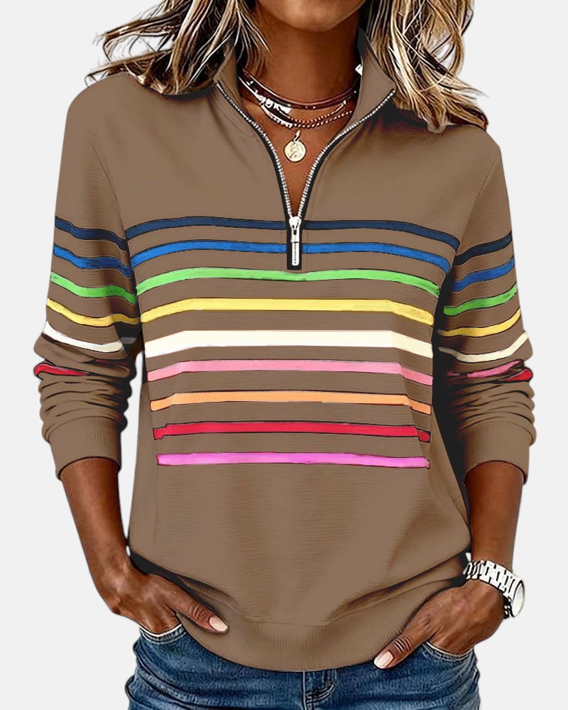 Striped Half Zip Stand Collar Sweatshirt