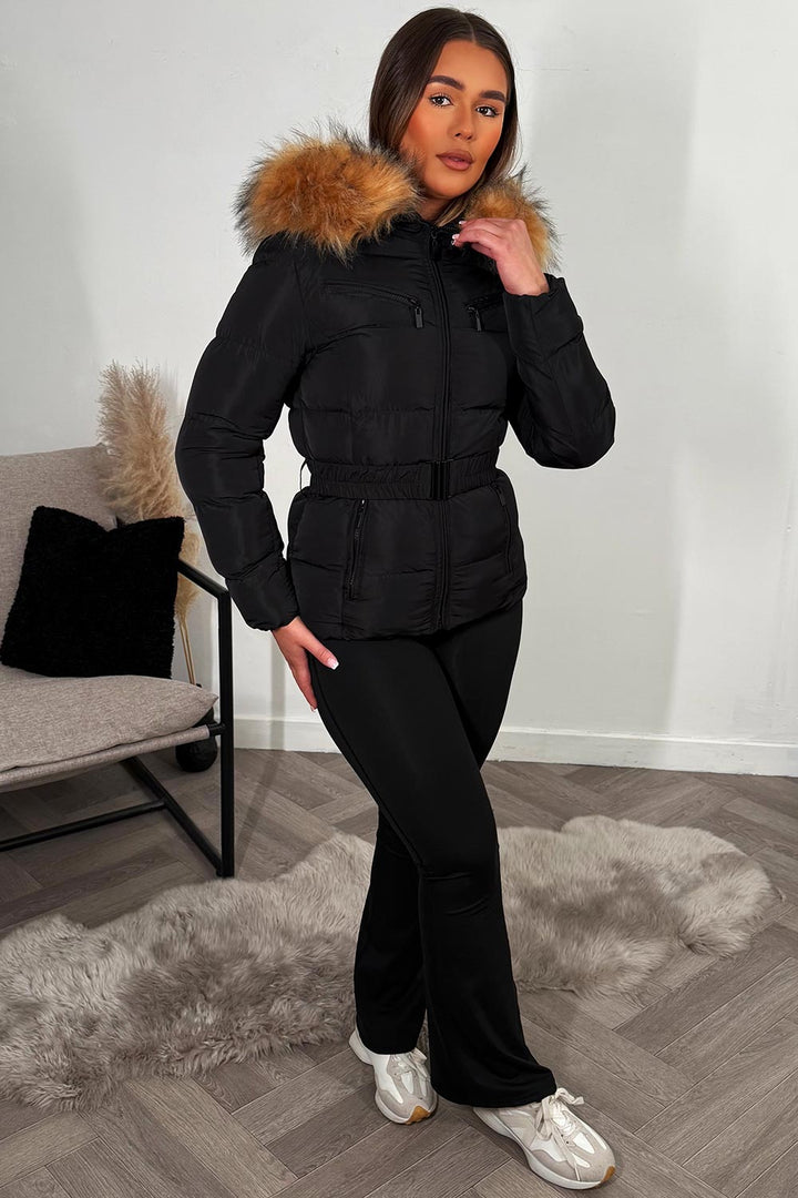 Belted Puffer Jacket with Faux Fur Hood