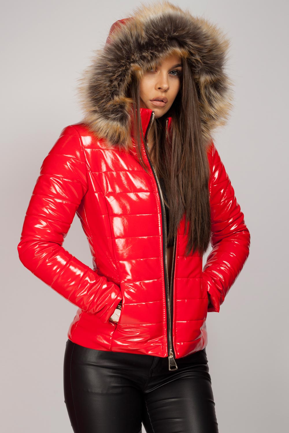 Wet Look Puffer Coat with Faux Fur Hood