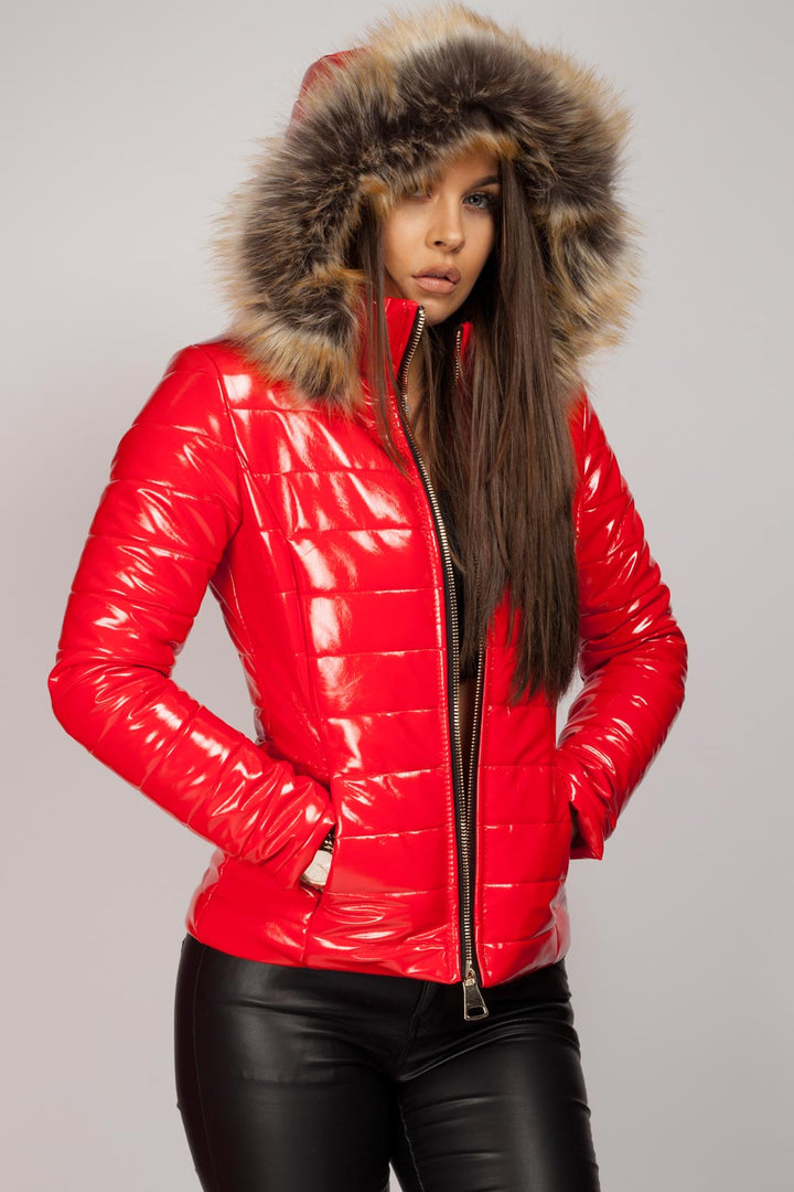 Wet Look Puffer Coat with Faux Fur Hood