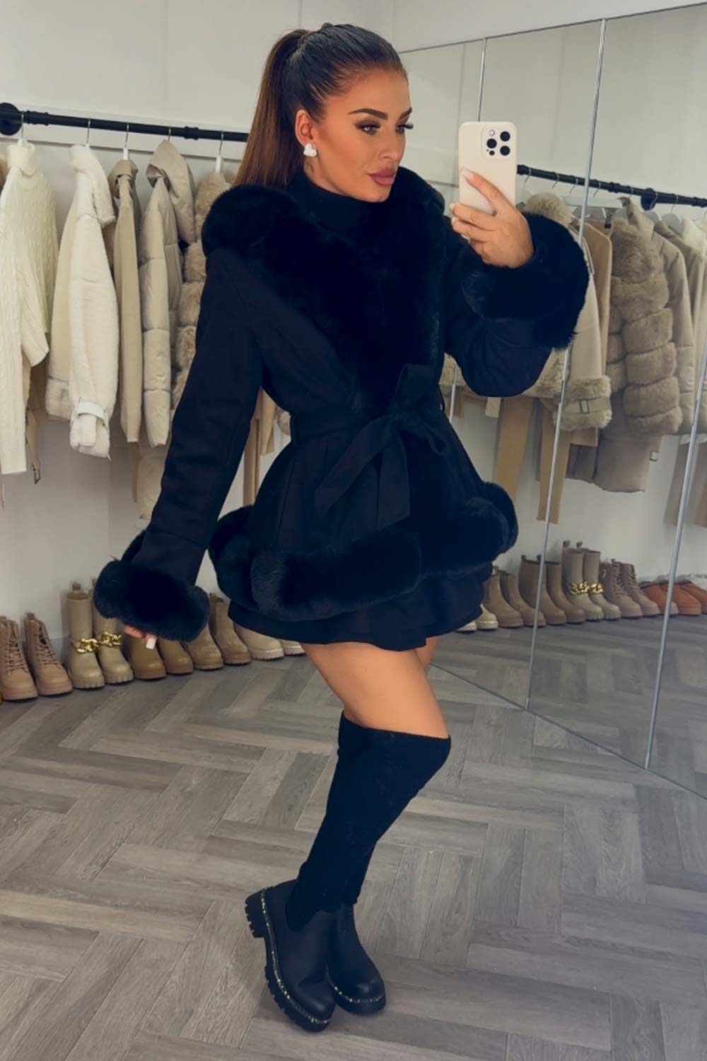Faux Fur Trim Hooded Belted Coat in Black