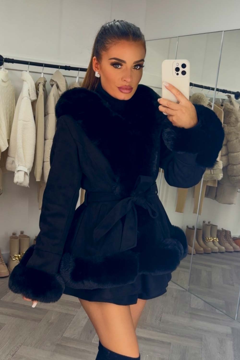 Faux Fur Trim Hooded Belted Coat in Black