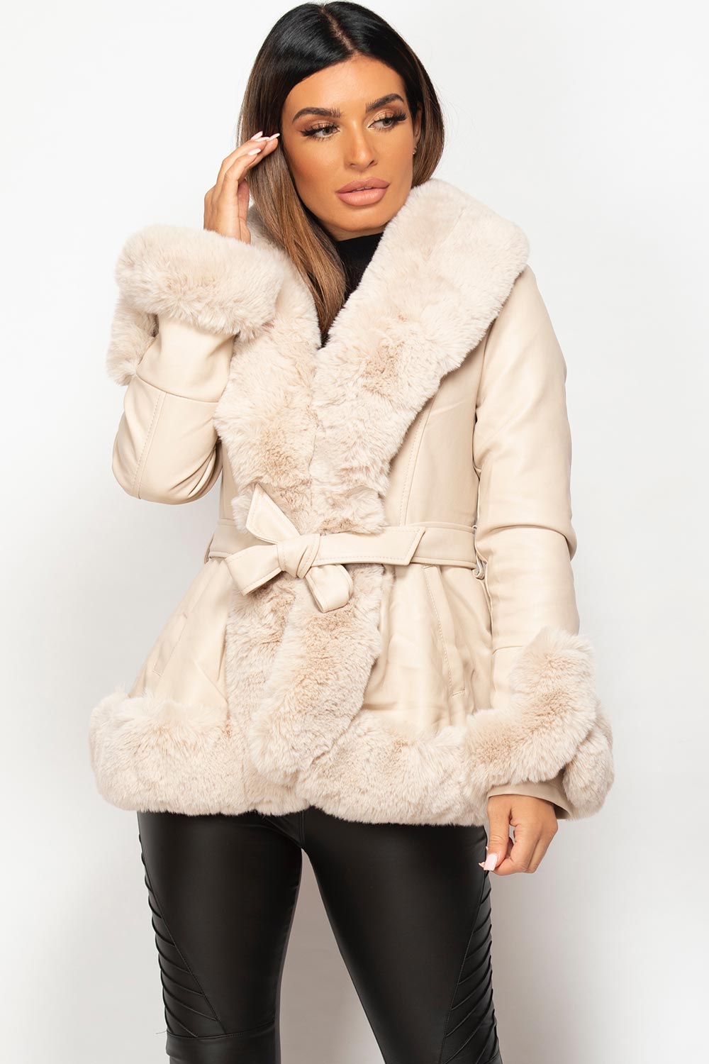 Cream Faux Leather Belted Jacket with Faux Fur Trim