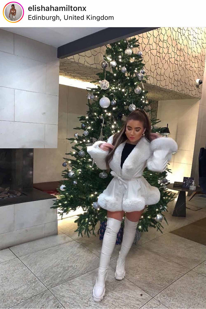 Cream Faux Leather Belted Jacket with Faux Fur Trim