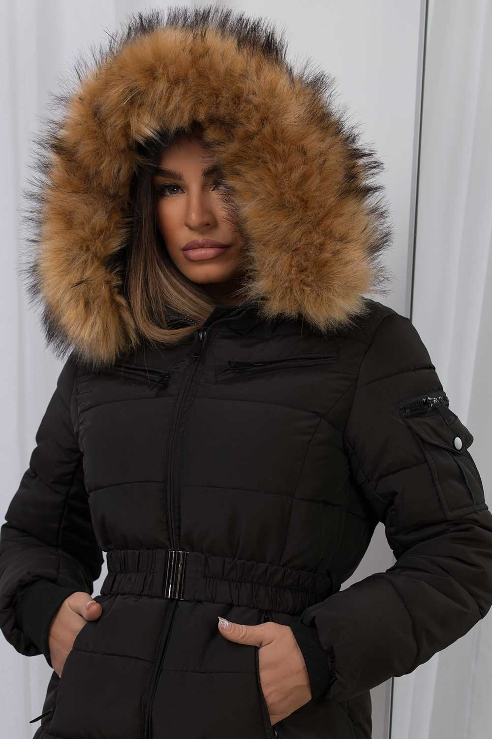 Belted Puffer Jacket with Faux Fur Hood