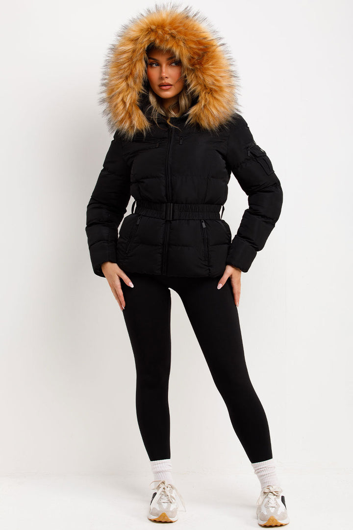 Belted Puffer Jacket with Faux Fur Hood