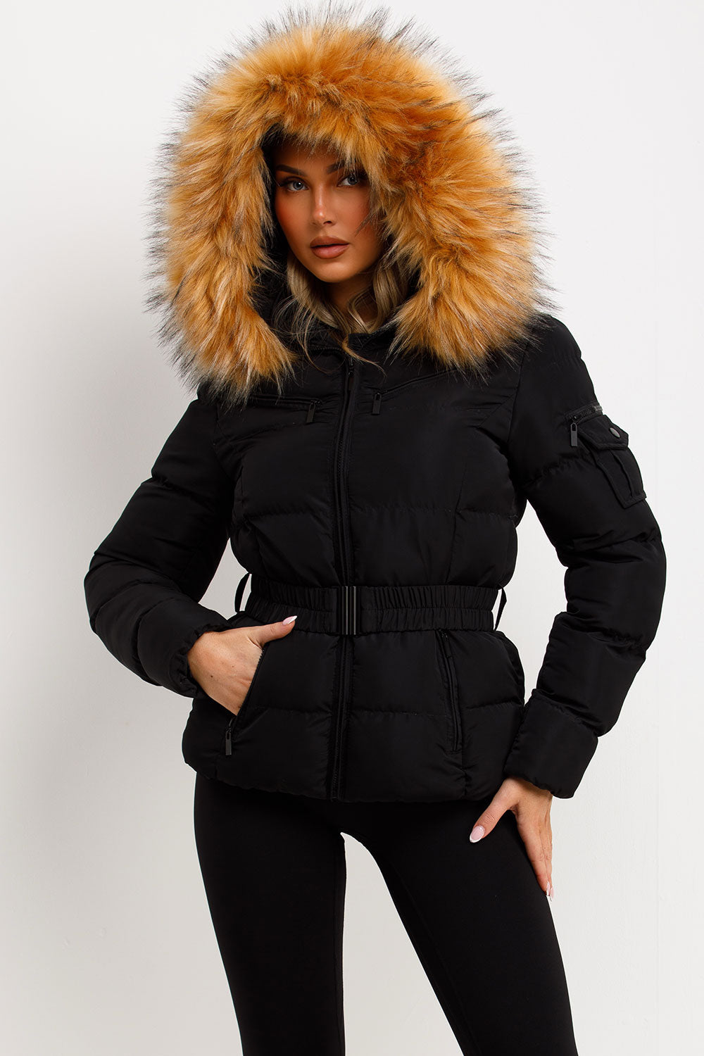 Belted Puffer Jacket with Faux Fur Hood