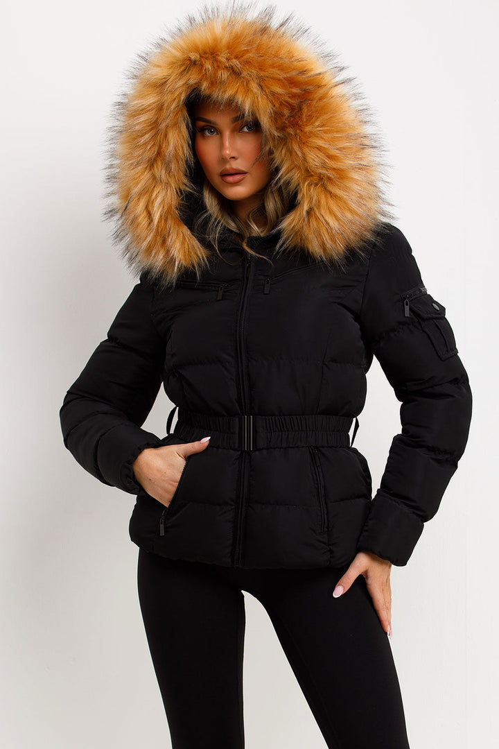 Belted Puffer Jacket with Faux Fur Hood
