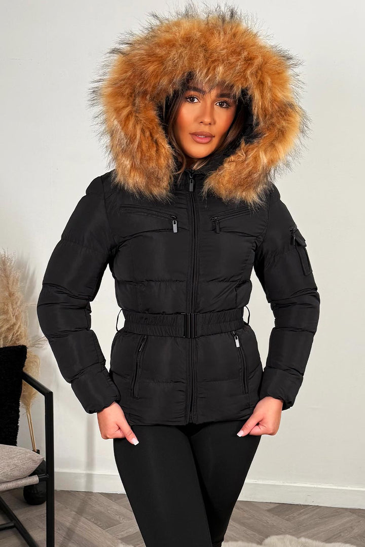 Belted Puffer Jacket with Faux Fur Hood