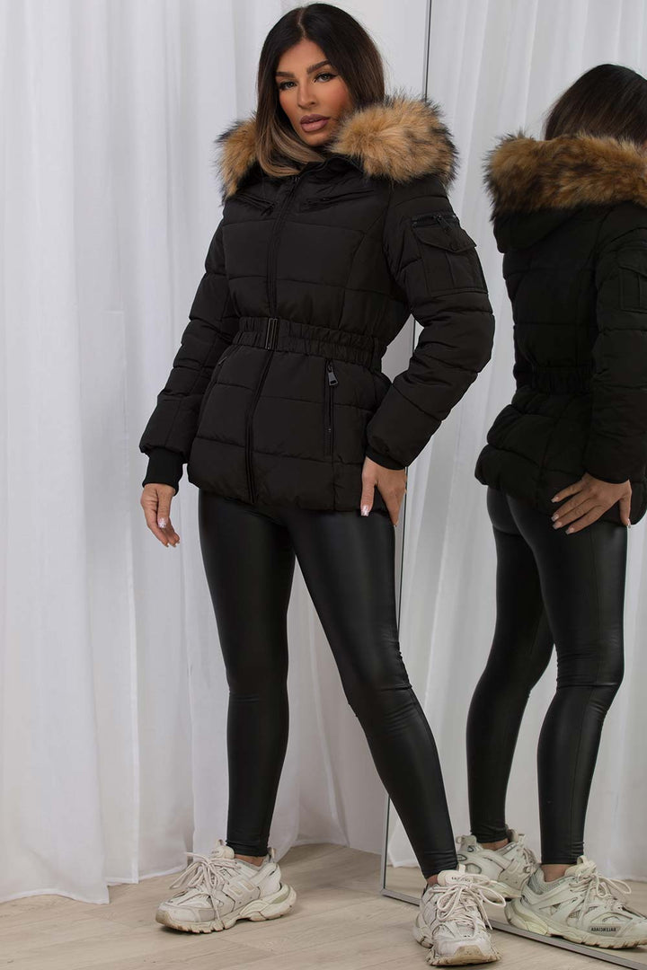 Belted Puffer Jacket with Faux Fur Hood