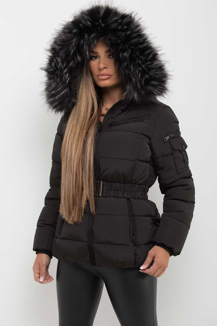 Faux Fur Hooded Belted Puffer Coat