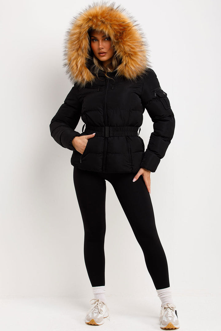 Belted Puffer Jacket with Faux Fur Hood