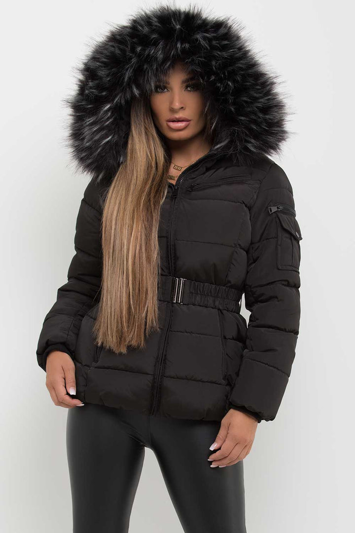 Faux Fur Hooded Belted Puffer Coat