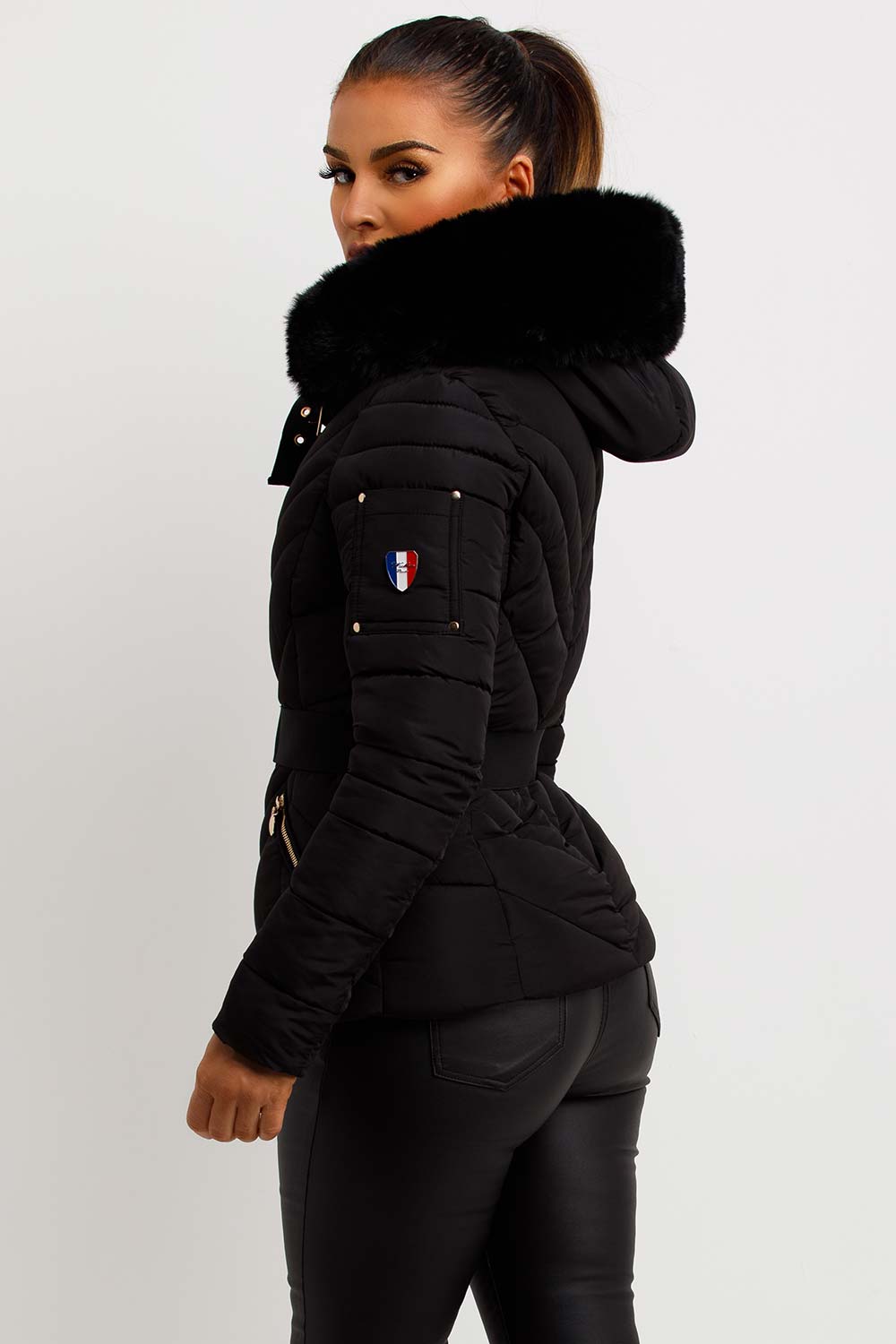 Belted Puffer Jacket with Faux Fur Hood in Black