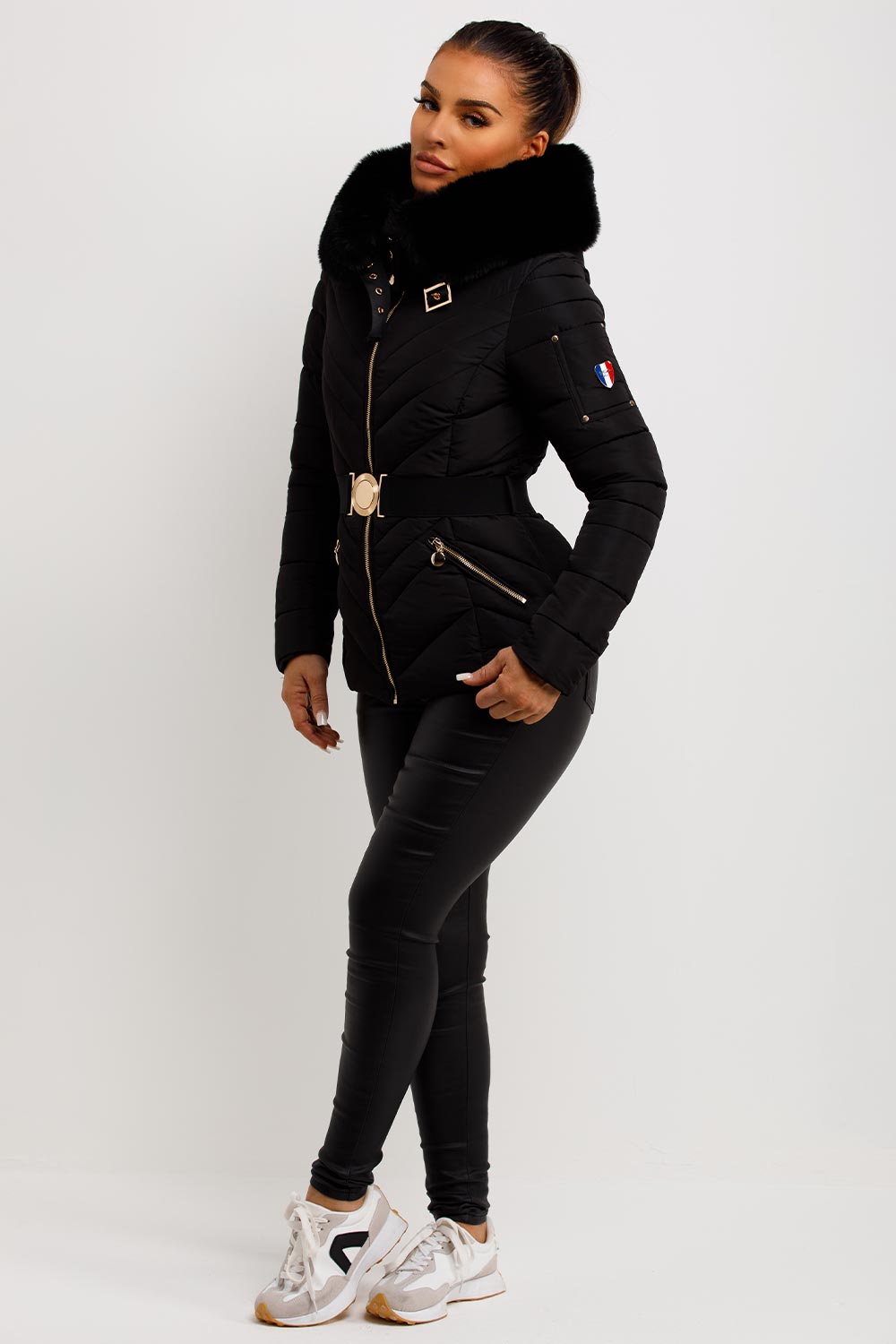 Belted Puffer Jacket with Faux Fur Hood in Black