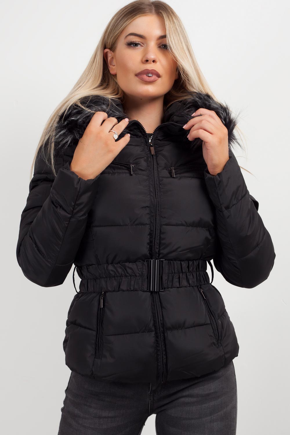 Faux Fur Hooded Belted Puffer Coat