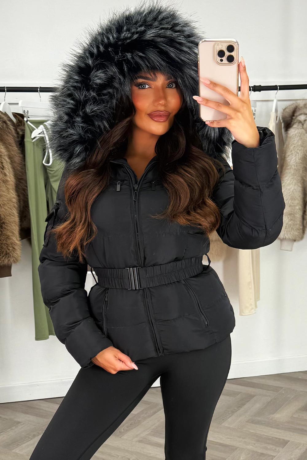 Faux Fur Hooded Belted Puffer Coat
