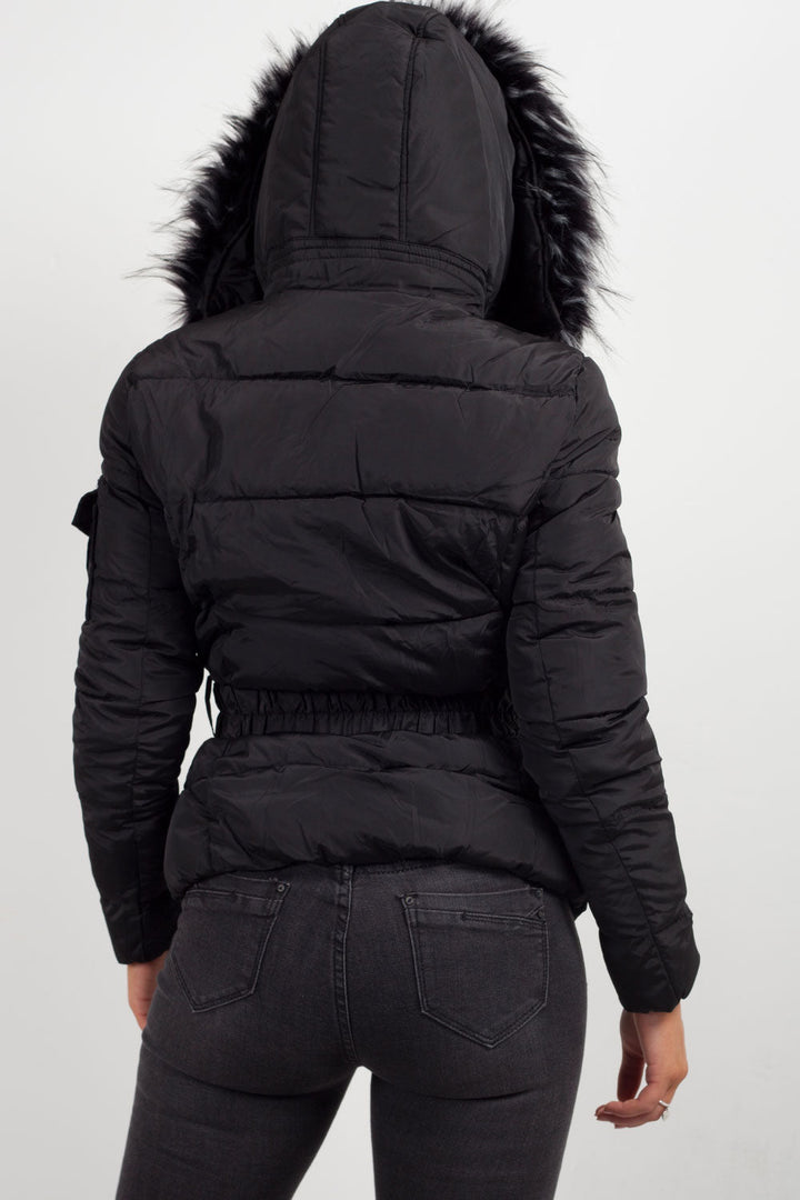 Faux Fur Hooded Belted Puffer Coat
