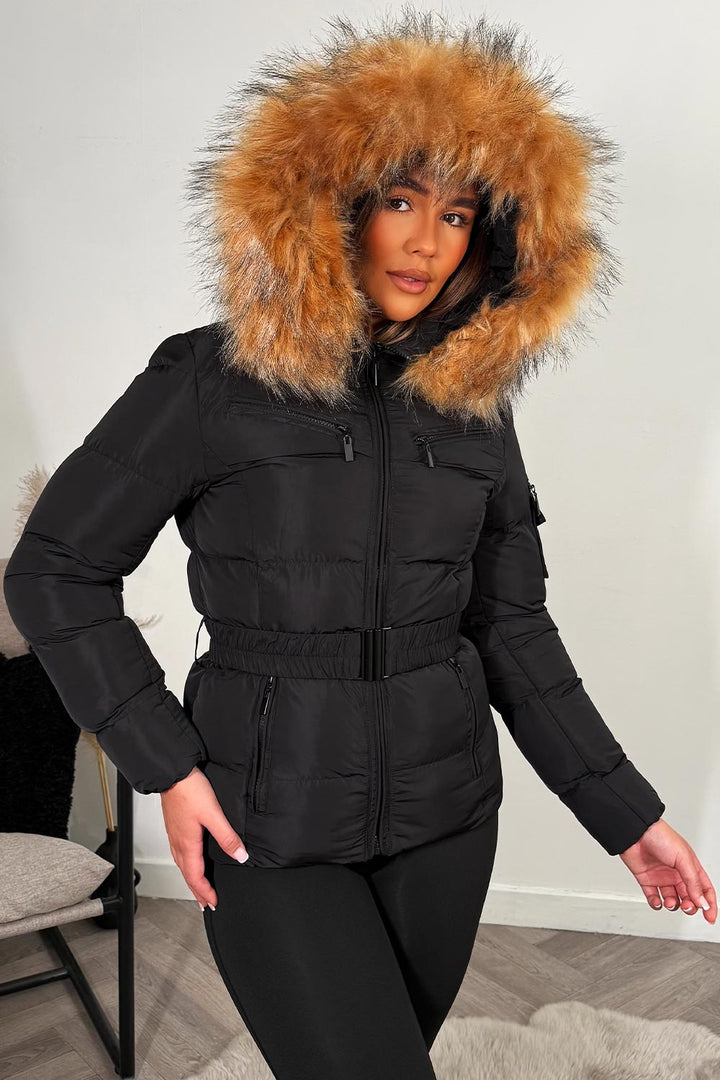 Belted Puffer Jacket with Faux Fur Hood