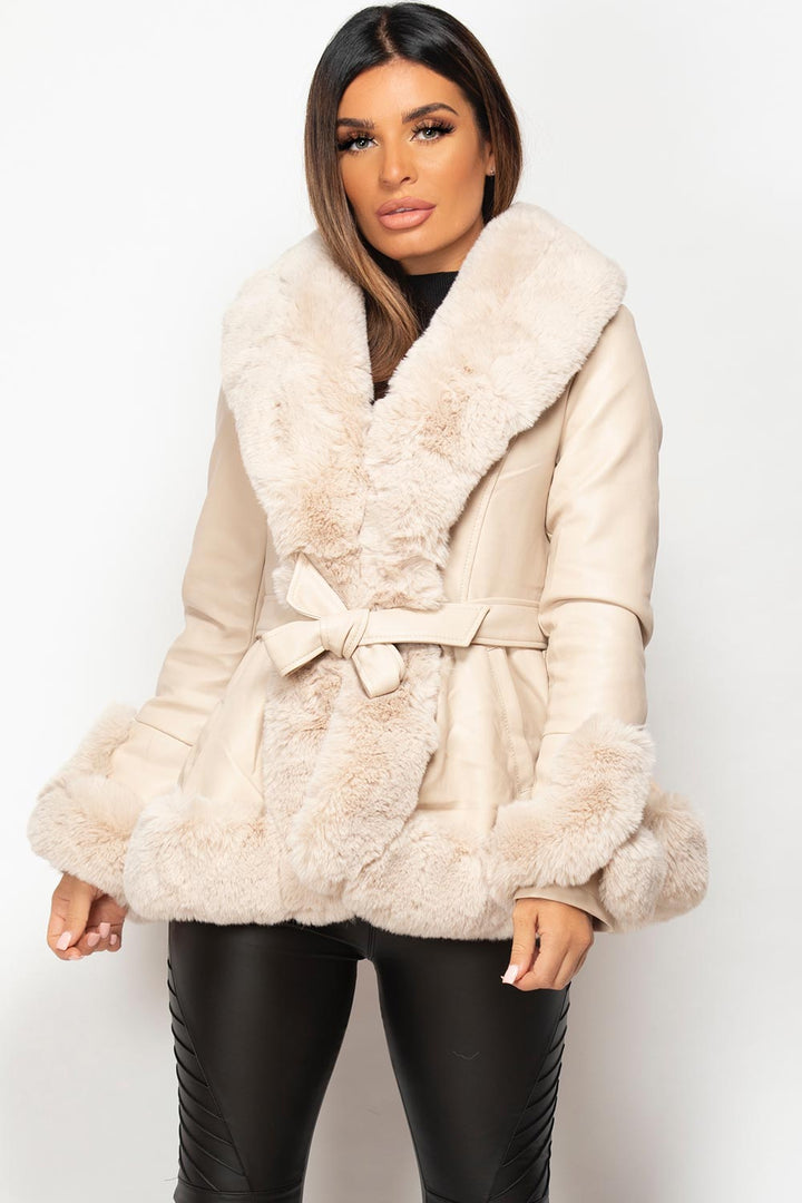 Cream Faux Leather Belted Jacket with Faux Fur Trim