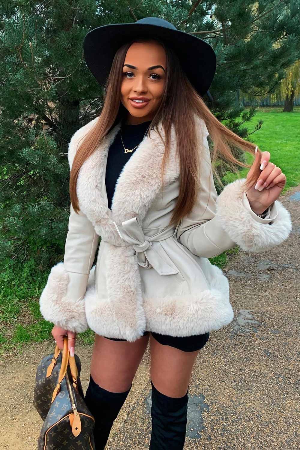 Cream Faux Leather Belted Jacket with Faux Fur Trim