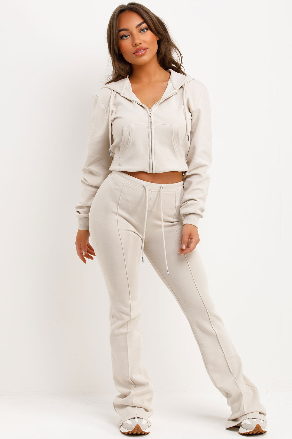 Cropped Hoodie and Flared Trousers Set in Oatmeal